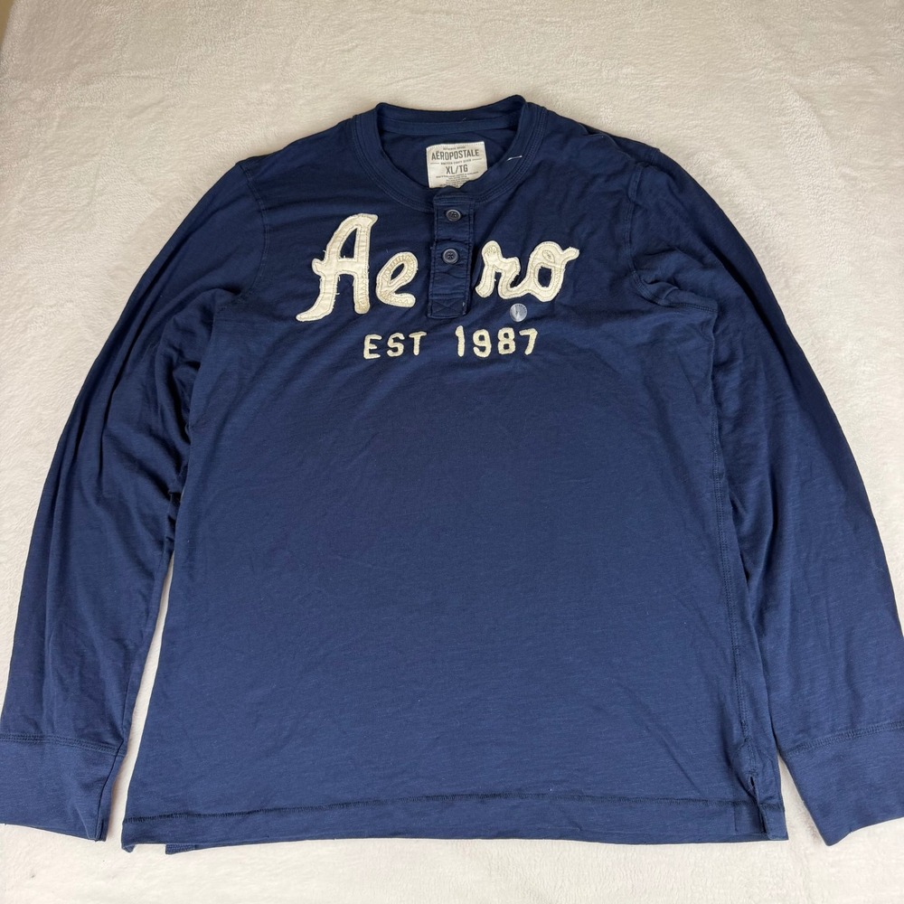 Vintage Aeropostale Mens XL Navy Blue Long Sleeve Henley Aero Graphic Shirt